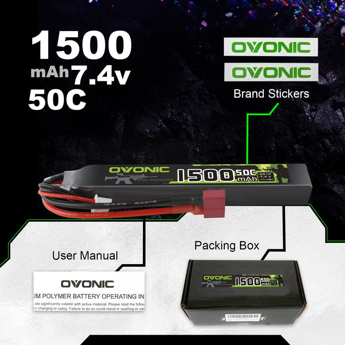 Ovonic 2S Lipo Battery 1500mAh 2S1P 50C 7.4V Airsoft Lipo Battery with T Plug for Airsoft Guns