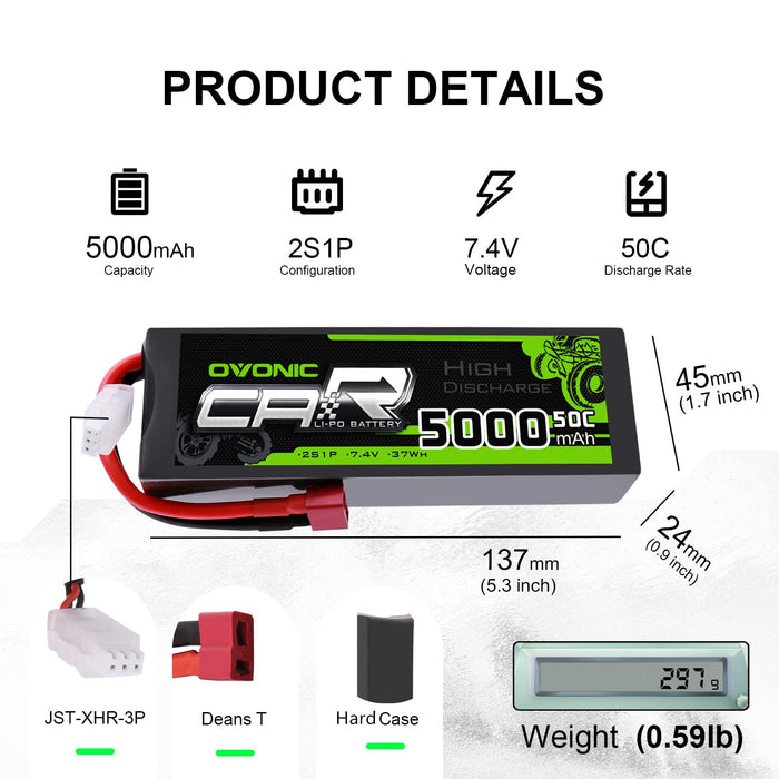 OVONIC 2S LiPo Battery 7.4V 5000mAh 50C Hardcase Deans Plug for 1/10 Scale RC Cars, HPI Racing Compatible (2Pcs/1Pcs)