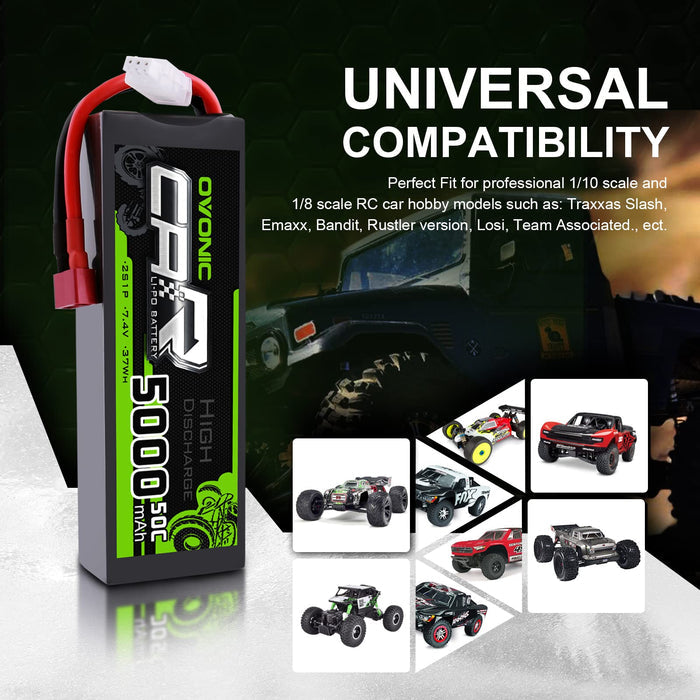 OVONIC 2S LiPo Battery 7.4V 5000mAh 50C Hardcase Deans Plug for 1/10 Scale RC Cars, HPI Racing Compatible (2Pcs/1Pcs)