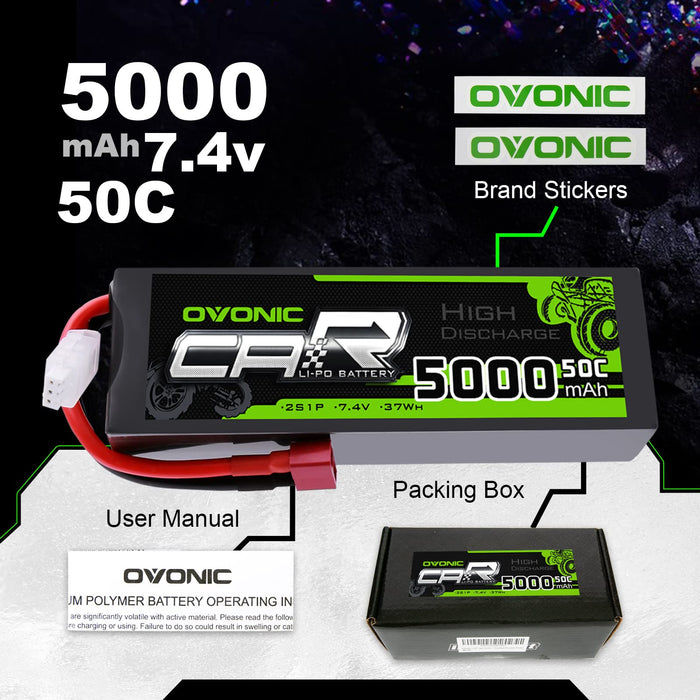 OVONIC 2S LiPo Battery 7.4V 5000mAh 50C Hardcase Deans Plug for 1/10 Scale RC Cars, HPI Racing Compatible (2Pcs/1Pcs)