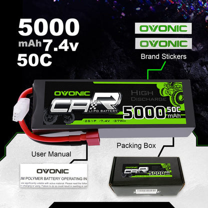 OVONIC 2S LiPo Battery 7.4V 5000mAh 50C Hardcase Deans Plug for 1/10 Scale RC Cars, HPI Racing Compatible (2Pcs/1Pcs)