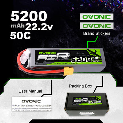 OVONIC 2S LiPo Battery Pack 5200mAh 50C 7.4V with XT60 Plug fo RC Truck RC Buggy