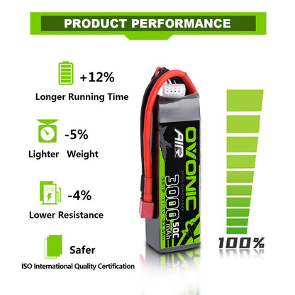 Ovonic 3000mAh 3S 11.1V 50C LiPo Battery Pack with Deans T-Plug – Compact Power for Planes & 1/10 RC Cars