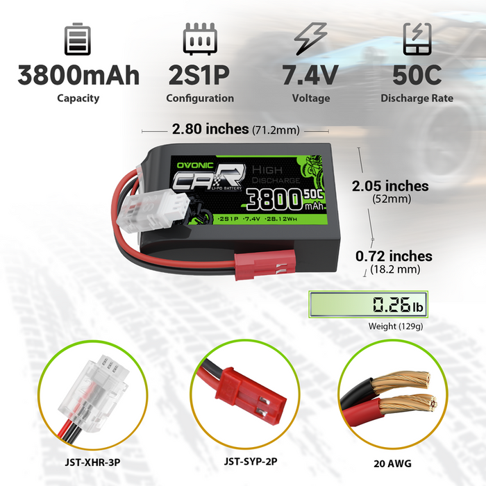 OVONIC 3800mAh 2S 50C 7.4V TX Lipo Battery with JST Plug for QX7 transmitter