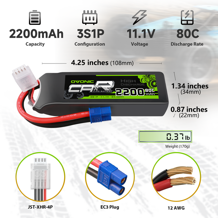 Ovonic 3S 2200mAh 80C 11.1V LiPo Battery with EC3 Plug for 1/10 & 1/8 RC Car Truck (2 Packs)
