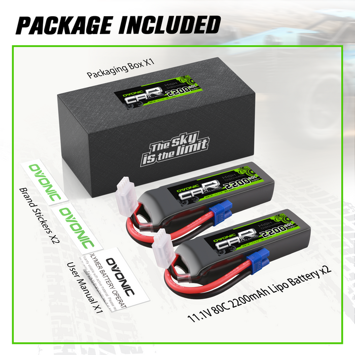 Ovonic 3S 2200mAh 80C 11.1V LiPo Battery with EC3 Plug for 1/10 & 1/8 RC Car Truck (2 Packs)