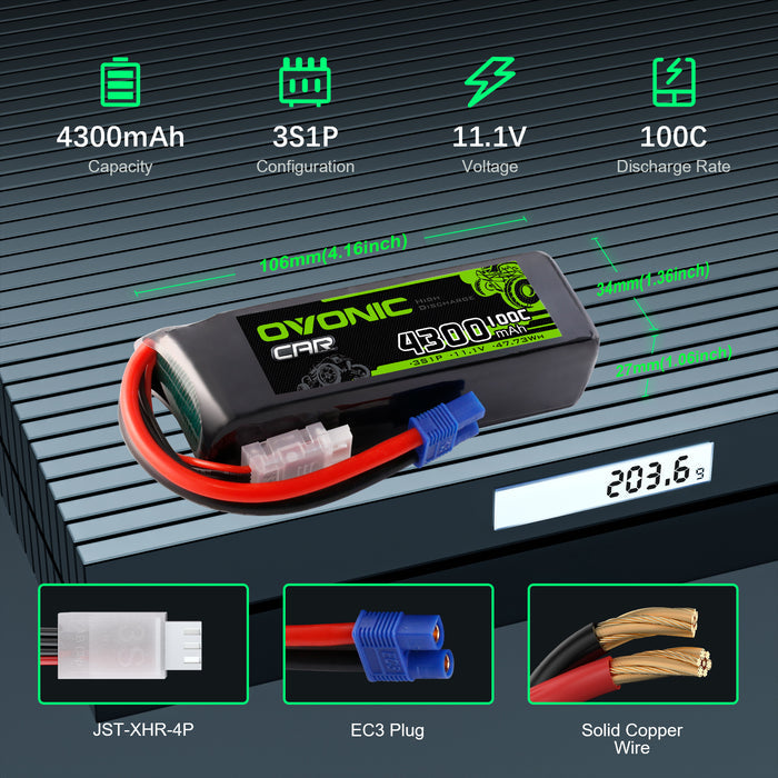 Ovonic 3S 4300mAh 100C 11.1V LiPo Battery w/EC3 Plug
