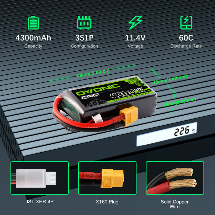 Ovonic 3S 4300mAh 60C 11.4V LiHV Battery with XT60 Plug for RC Airplanes, Helis & FPV Drones