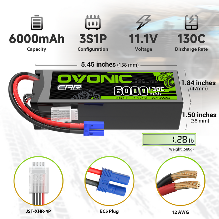 OVONIC 3S 6000mAh 11.1V 130C Lipo Battery with EC5 Plug