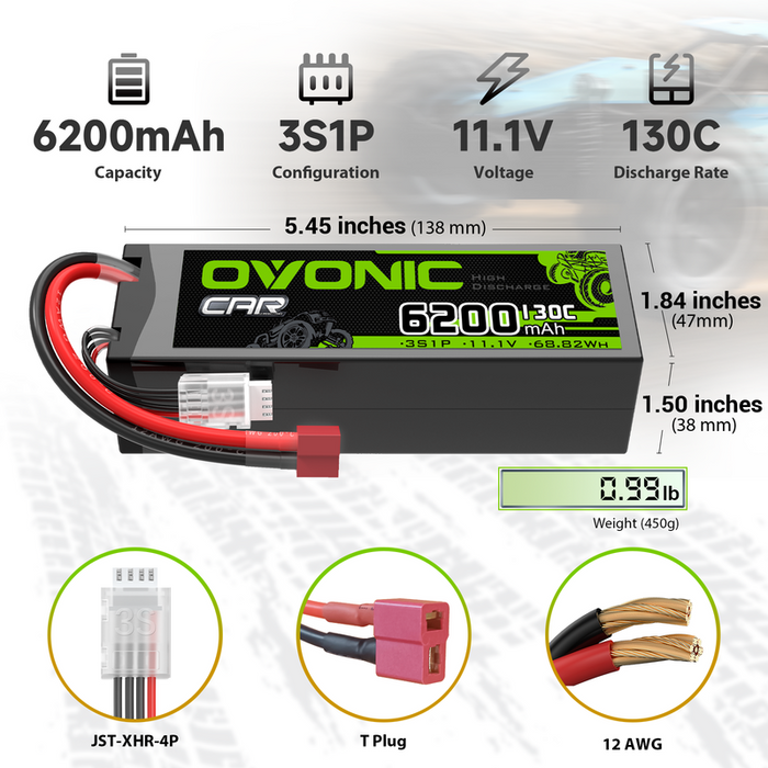 OVONIC 3S 6200mAh 11.1V 130C Hardcase LiPo Battery with Deans Plug for 1/8 & 1/10 Scale RC Car Truck RC Airplane
