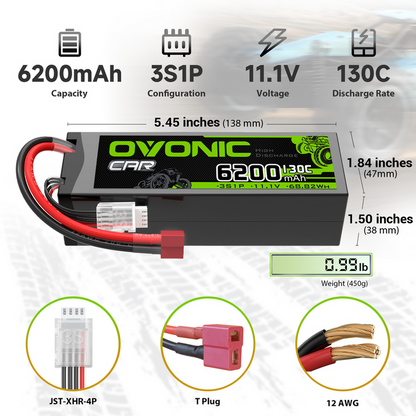 OVONIC 3S 6200mAh 11.1V 130C Hardcase LiPo Battery with Deans Plug for 1/8 & 1/10 Scale RC Car Truck RC Airplane
