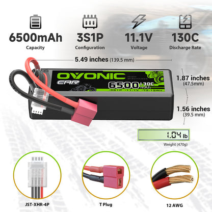 OVONIC 3S 6500mAh 11.1V 130C Hardcase LiPo Battery with Deans Plug for 1/8 & 1/10 Scale RC Car Truck RC Airplane