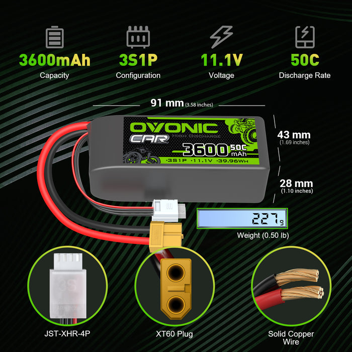Ovonic 3S Lipo Battery 3600mah 3S1P 50C 11.1V Lipo Battery Pack with XT60 & EC3 Plug