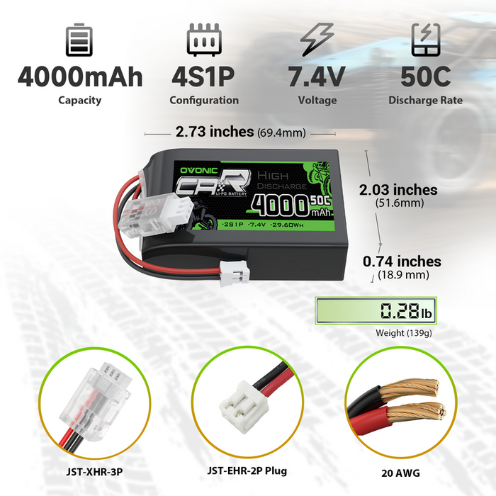 OVONIC 4000mAh 2S 50C 7.4V TX Lipo Battery with JST Plug for Spektrum transmitter