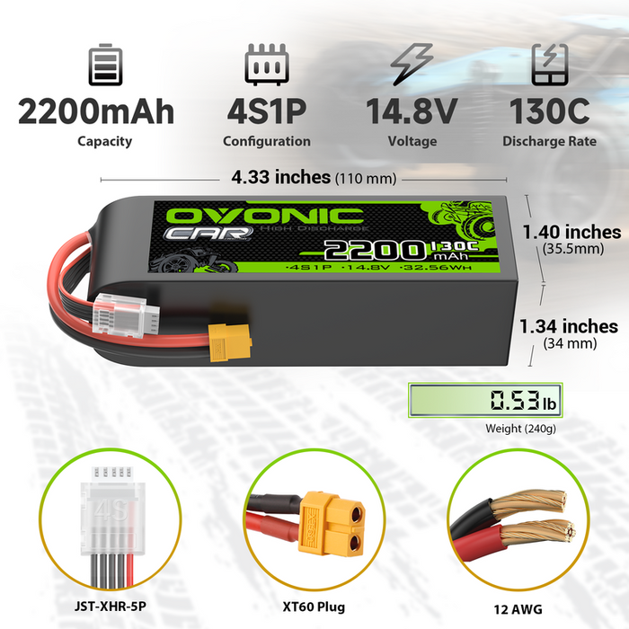 OVONIC 4S 2200mAh 14.8V 130C LiPo Battery with XT60 Plug for 1/10 scale RC Vehicle RC Airplane