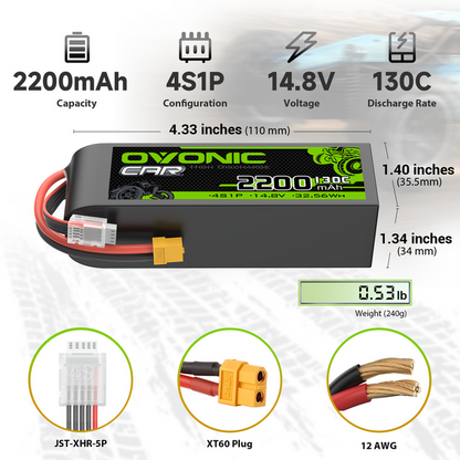 OVONIC 4S 2200mAh 14.8V 130C LiPo Battery with XT60 Plug for 1/10 scale RC Vehicle RC Airplane