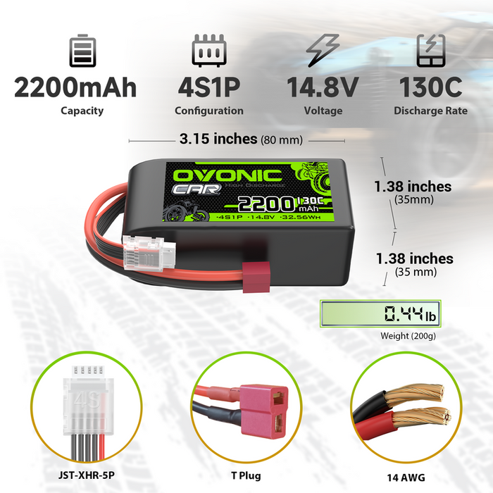 OVONIC 4S 2200mAh 14.8V 130C Short Lipo Battery with T Plug