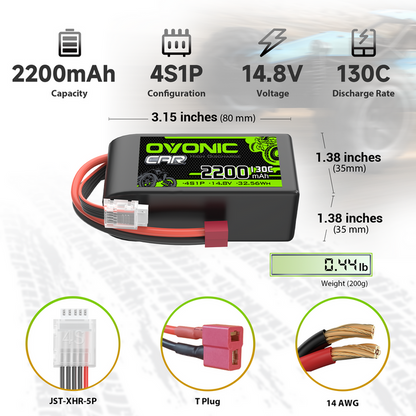 OVONIC 4S 2200mAh 14.8V 130C Short Lipo Battery with T Plug