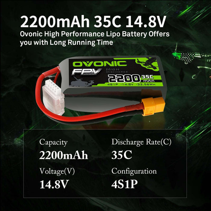 OVONIC 4S 2200mAh 14.8V 35C Lipo Battery With XT60 Plug For Long Range FPV - Ampow