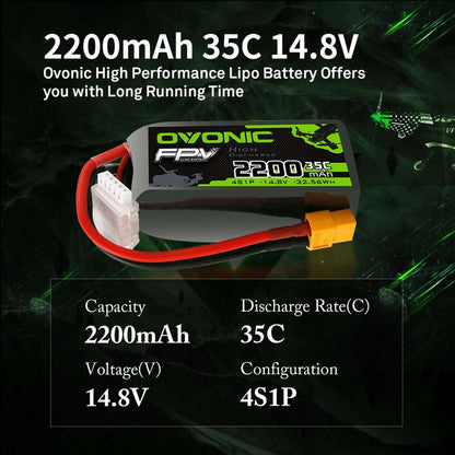 OVONIC 4S 2200mAh 14.8V 35C Lipo Battery With XT60 Plug For Long Range FPV - Ampow