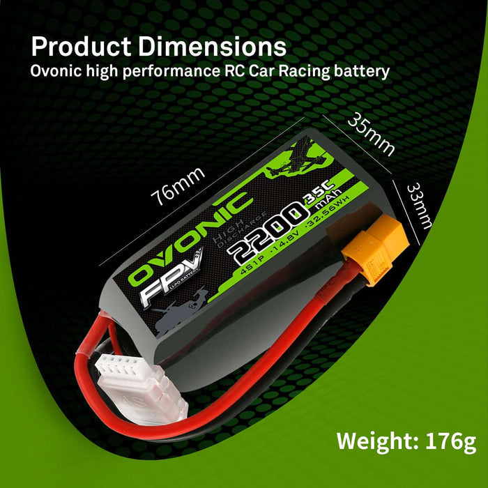 OVONIC 4S 2200mAh 14.8V 35C Lipo Battery With XT60 Plug For Long Range FPV - Ampow