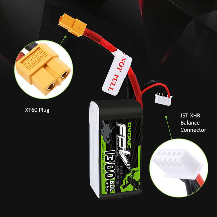 OVONIC 4S LiPo Battery Pack 1300mAh 80C 14.8V with XT60 Plug for Mini Drone