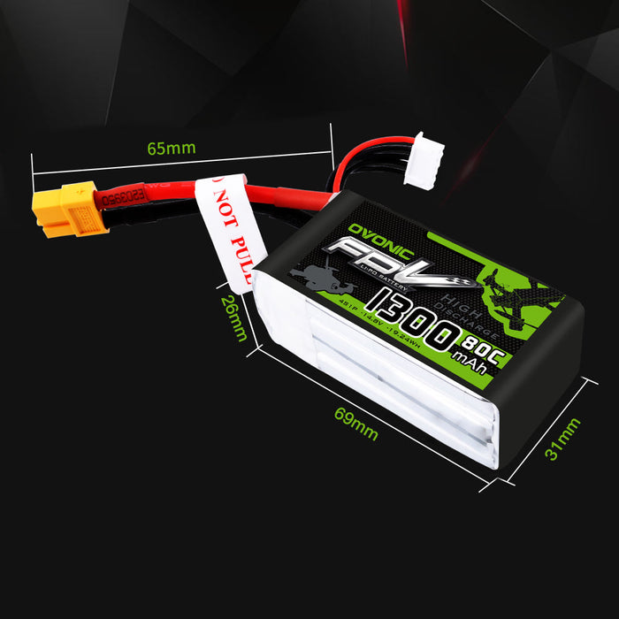 OVONIC 4S LiPo Battery Pack 1300mAh 80C 14.8V with XT60 Plug for Mini Drone