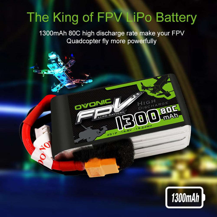 OVONIC 4S LiPo Battery Pack 1300mAh 80C 14.8V with XT60 Plug for Mini Drone