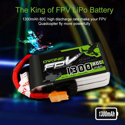 OVONIC 4S LiPo Battery Pack 1300mAh 80C 14.8V with XT60 Plug for Mini Drone