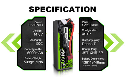 OVONIC 4S LiPo Battery Pack 5000mAh 50C 14.8V Hardcase with Deans Plug for 1/8 RC Buggy HPI RC Truck