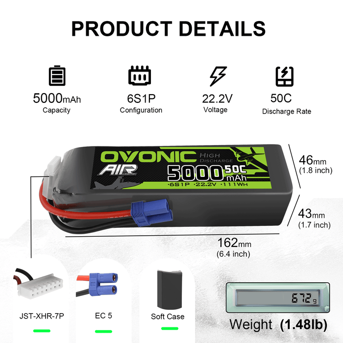 Ovonic 5000mah 6S 22.2V 50C Lipo Battery Pack with EC5 Plug for Airplane&Heli 1/10 SENTON 6S