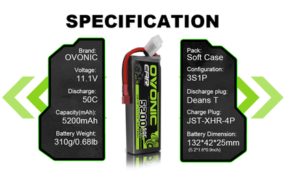 Ovonic 50C 3S1P 5200mAh 11.1V LiPo Battery for RC Car - XT60 Plug