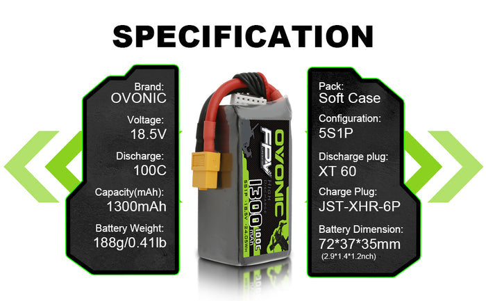 OVONIC 5S LiPo Battery Pack 1300mAh 100C 18.5V with XT60 Plug for FPV Racing Drone Quadcopter Drone Mini FPV Drone