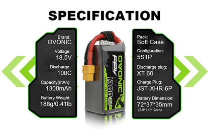 OVONIC 5S LiPo Battery Pack 1300mAh 100C 18.5V with XT60 Plug for FPV Racing Drone Quadcopter Drone Mini FPV Drone