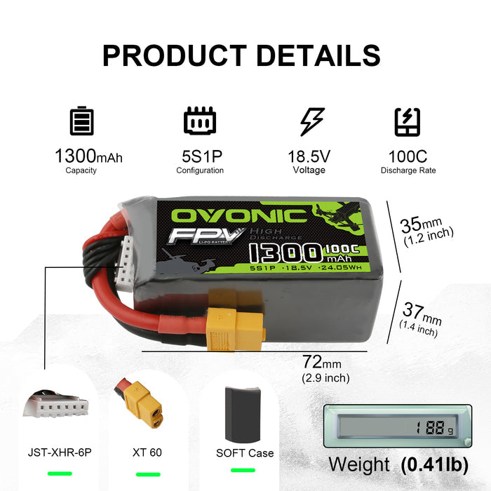 OVONIC 5S LiPo Battery Pack 1300mAh 100C 18.5V with XT60 Plug for FPV Racing Drone Quadcopter Drone Mini FPV Drone