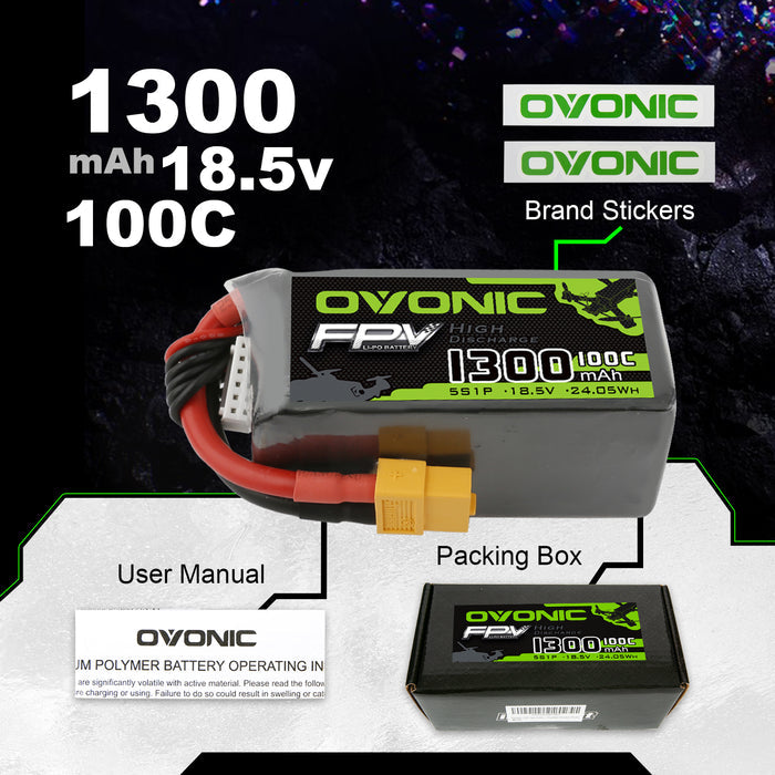 OVONIC 5S LiPo Battery Pack 1300mAh 100C 18.5V with XT60 Plug for Quadcopter Drone