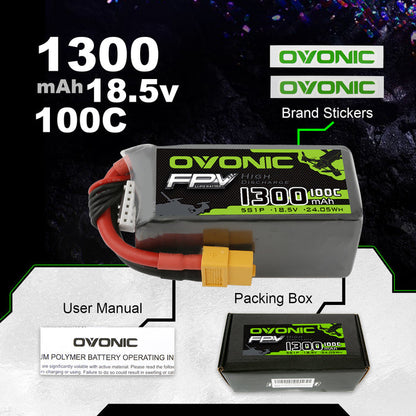 OVONIC 5S LiPo Battery Pack 1300mAh 100C 18.5V with XT60 Plug for Quadcopter Drone