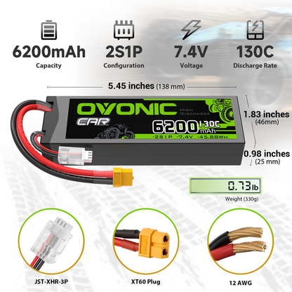 OVONIC 6200mAh 2S 7.4V 130C LiPo Battery with XT60 to TRA Plug for 1/10 Scale RC Car Truck Buggy