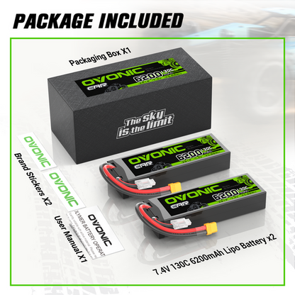 OVONIC 6200mAh 2S 7.4V 130C LiPo Battery with XT60 to TRA Plug for 1/10 Scale RC Car Truck Buggy