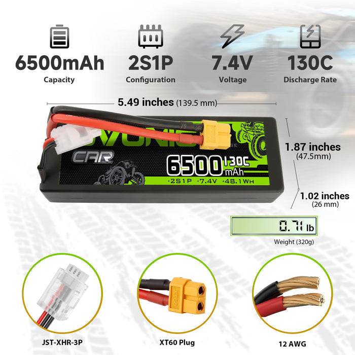 OVONIC 6500mAh 7.4V 130C 2S Hardcase LiPo Battery with XT60 to TRA Plug for 1/10 Scale RC Car Truck RC Vehicles