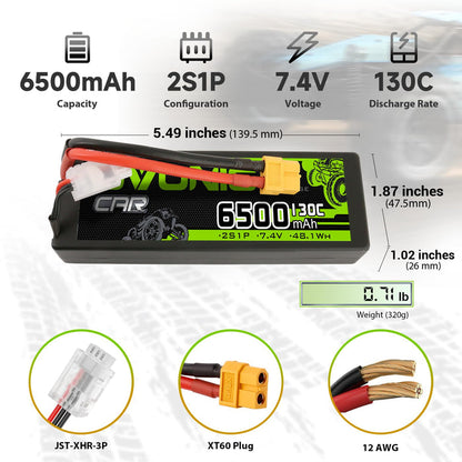 OVONIC 6500mAh 7.4V 130C 2S Hardcase LiPo Battery with XT60 to TRA Plug for 1/10 Scale RC Car Truck RC Vehicles