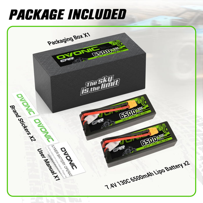 OVONIC 6500mAh 7.4V 130C 2S Hardcase LiPo Battery with XT60 to TRA Plug for 1/10 Scale RC Car Truck RC Vehicles