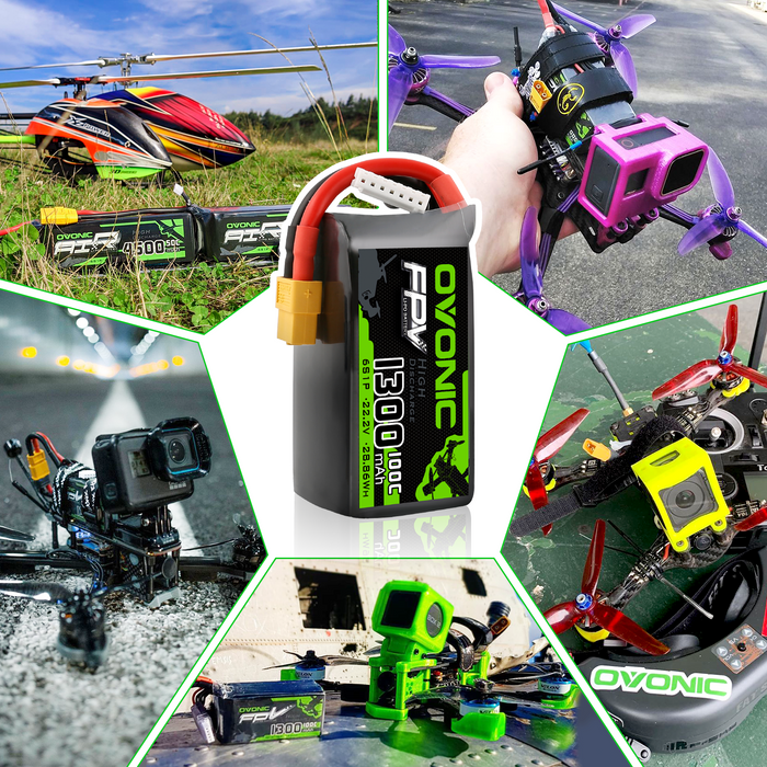 Ovonic 6S 1300mAh 100C LiPo Battery Pack 22.2V XT60 Plug for FPV Racing & Freestyle Drones(Multi-Pack)