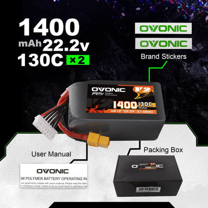 2x Ovonic 130C 6S 1400mah Lipo Battery 22.2V Pack with XT60 Plug for RC airplane