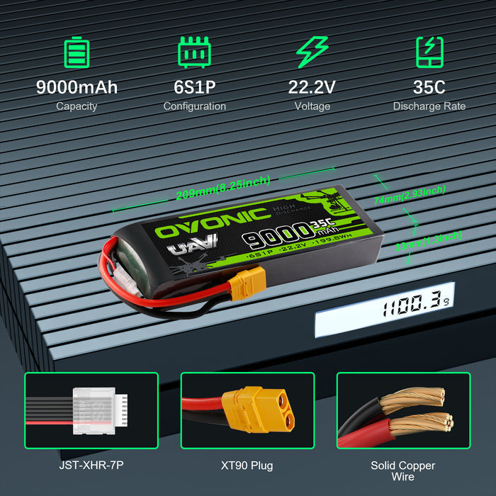 Ovonic 6S 9000mAh 35C 22.2V LiPo Battery w/XT90 Plug