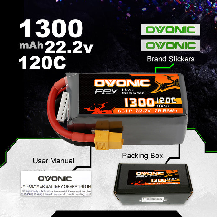 Ovonic 6S LiPo Battery Pack 1300mAh 120C 22.2V FPV Battery with XT60 Plug for FPV Racing Drone
