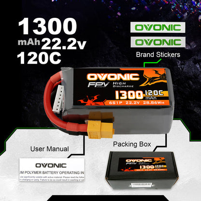 Ovonic 6S LiPo Battery Pack 1300mAh 120C 22.2V FPV Battery with XT60 Plug for FPV Racing Drone