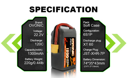 Ovonic 6S LiPo Battery Pack 1300mAh 120C 22.2V FPV Battery with XT60 Plug for FPV Racing Drone