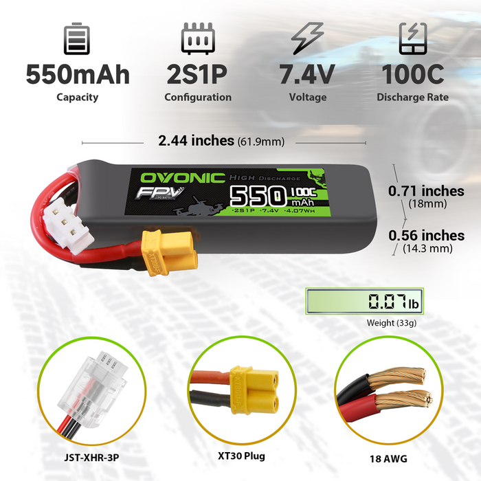 OVONIC 7.4V 100C 550mAh 2S LiPo Battery with XT30 Plug for Micro FPV Drones