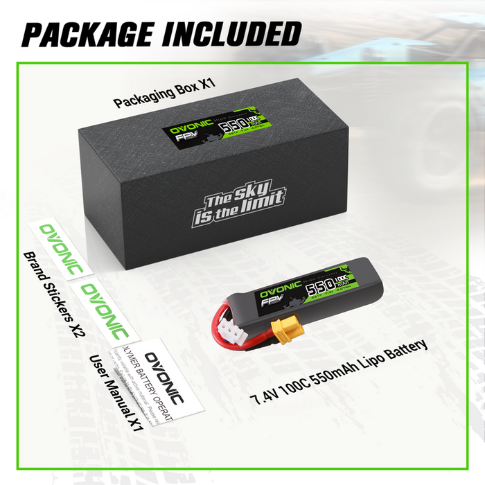 OVONIC 7.4V 100C 550mAh 2S LiPo Battery with XT30 Plug for Micro FPV Drones